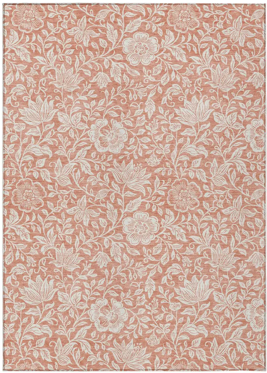 Salmon And Ivory Floral Washable Indoor Outdoor Area Rug Photo 1