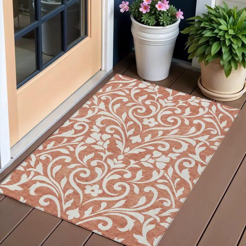 Salmon And Ivory Floral Washable Indoor Outdoor Area Rug Photo 1