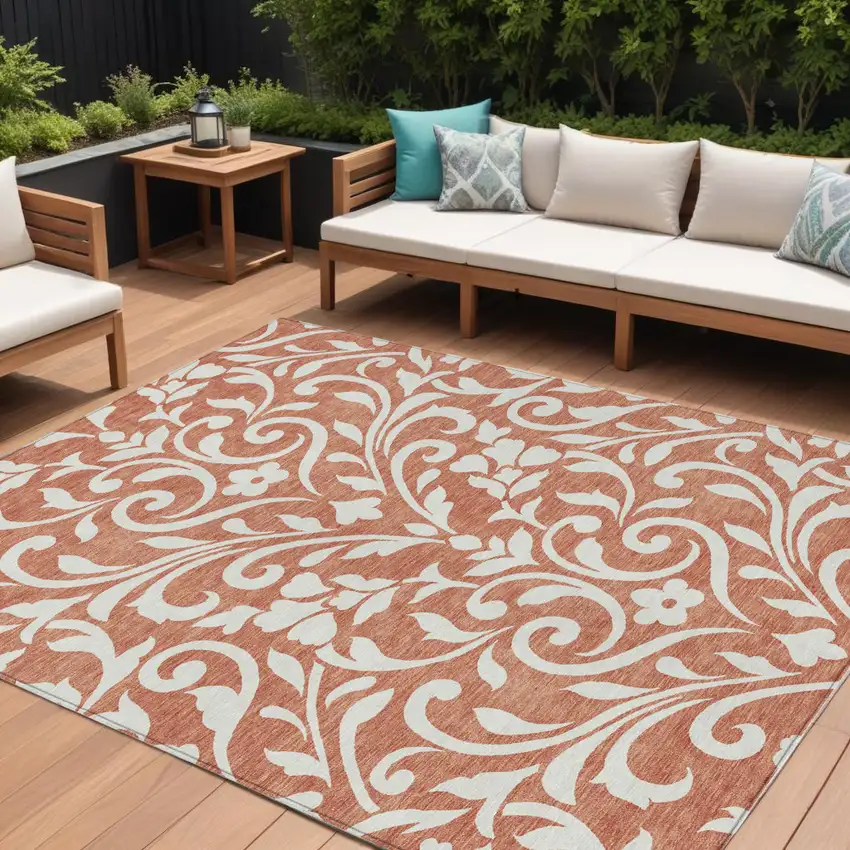 Salmon And Ivory Floral Washable Indoor Outdoor Area Rug Photo 1