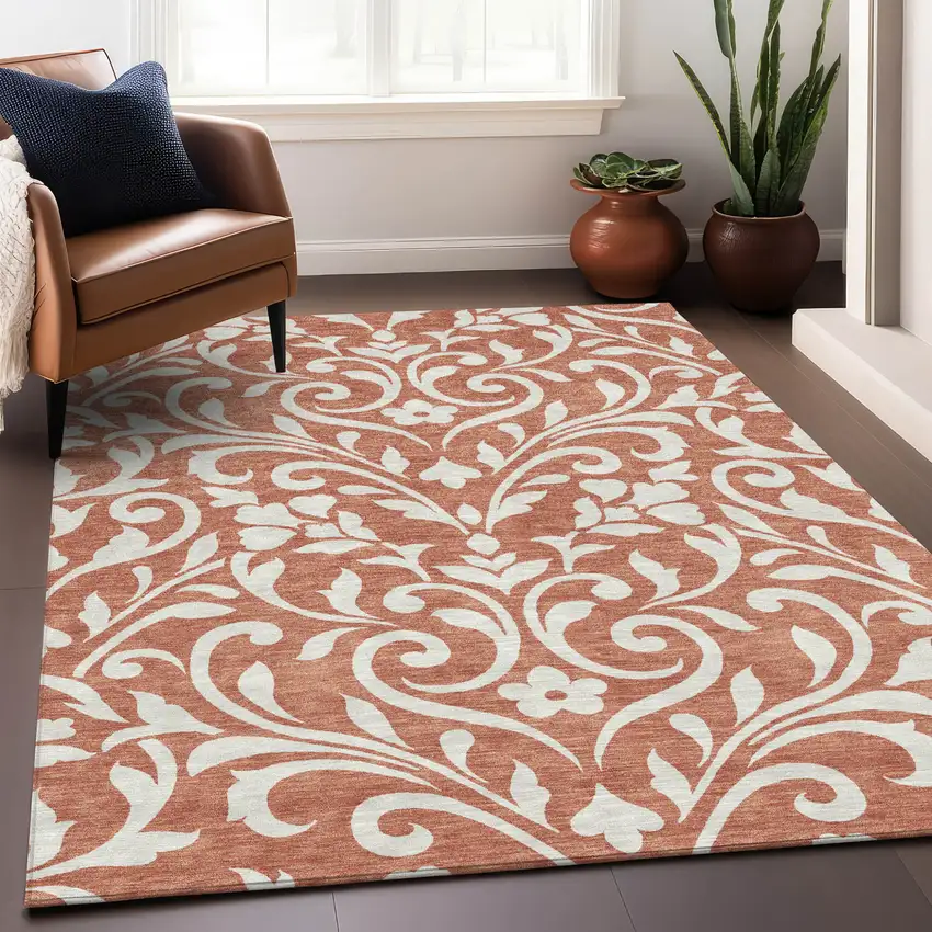 Salmon And Ivory Floral Washable Indoor Outdoor Area Rug Photo 9