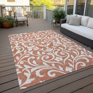 Photo of Salmon And Ivory Floral Washable Indoor Outdoor Area Rug