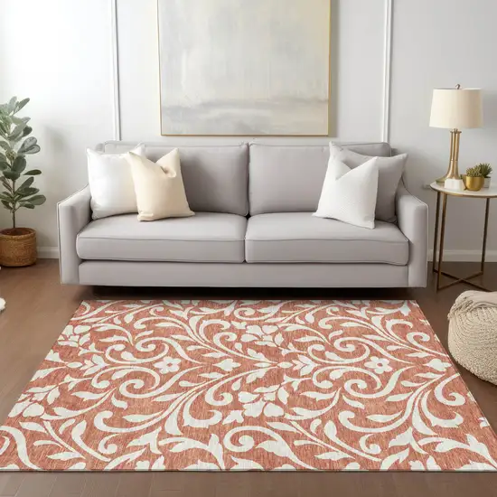 Salmon And Ivory Floral Washable Indoor Outdoor Area Rug Photo 9