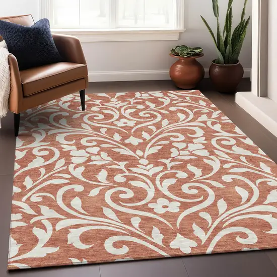 Salmon And Ivory Floral Washable Indoor Outdoor Area Rug Photo 9