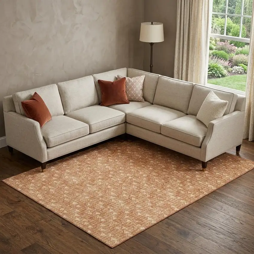 Salmon And Ivory Geometric Washable Area Rug With UV Protection Photo 1