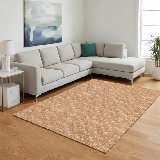Salmon And Ivory Geometric Washable Area Rug With UV Protection Photo 1