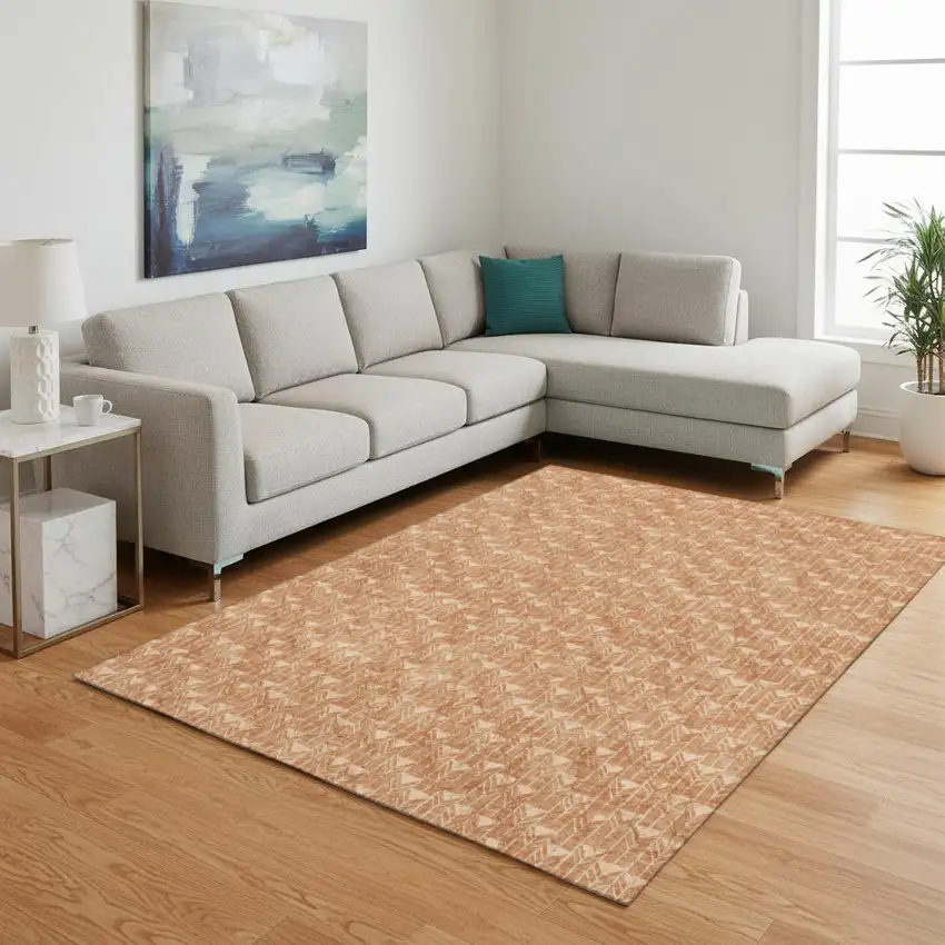 Salmon And Ivory Geometric Washable Area Rug With UV Protection Photo 1