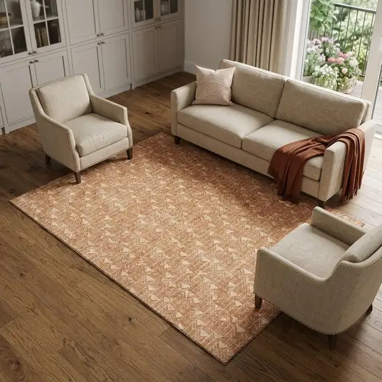 Salmon And Ivory Geometric Washable Area Rug With UV Protection Photo 1