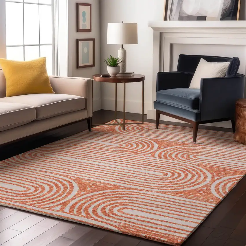 Salmon And Ivory Geometric Washable Area Rug With UV Protection Photo 5