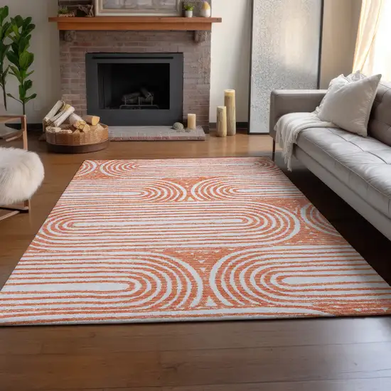 Salmon And Ivory Geometric Washable Area Rug With UV Protection Photo 6