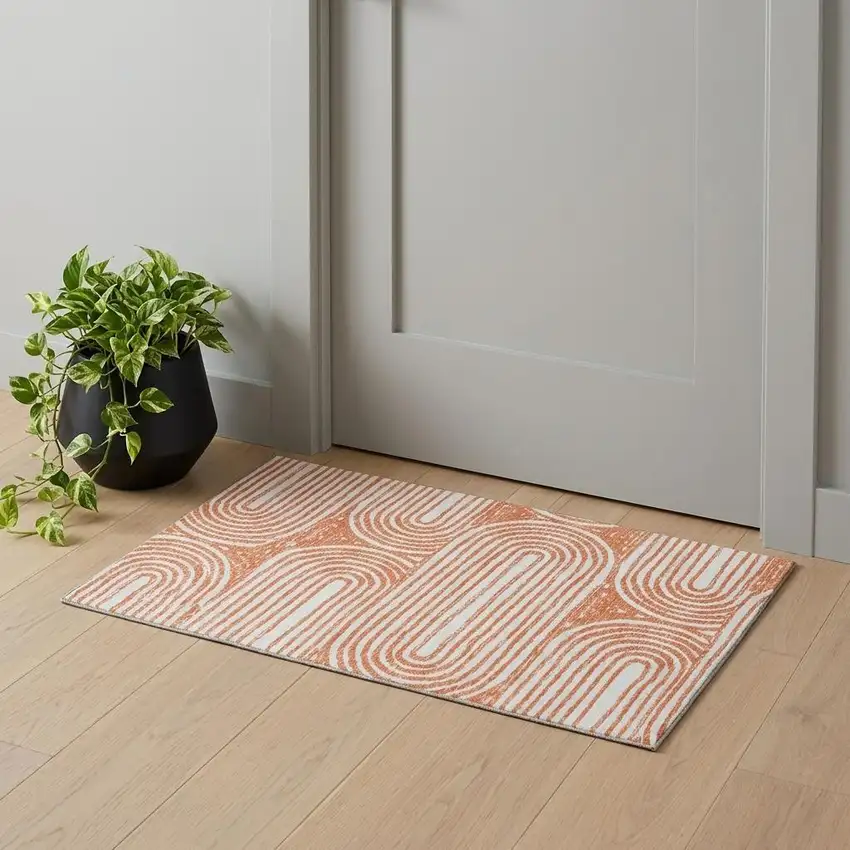 Salmon And Ivory Geometric Washable Area Rug With UV Protection Photo 1