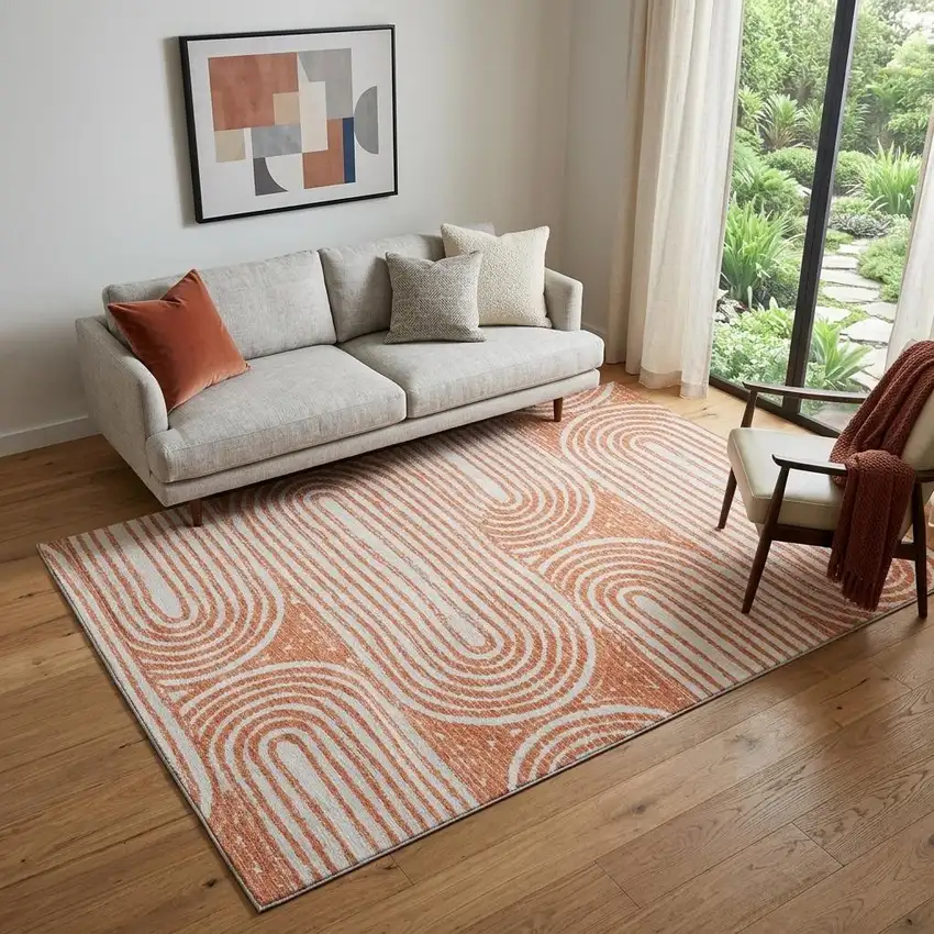 Salmon And Ivory Geometric Washable Area Rug With UV Protection Photo 1