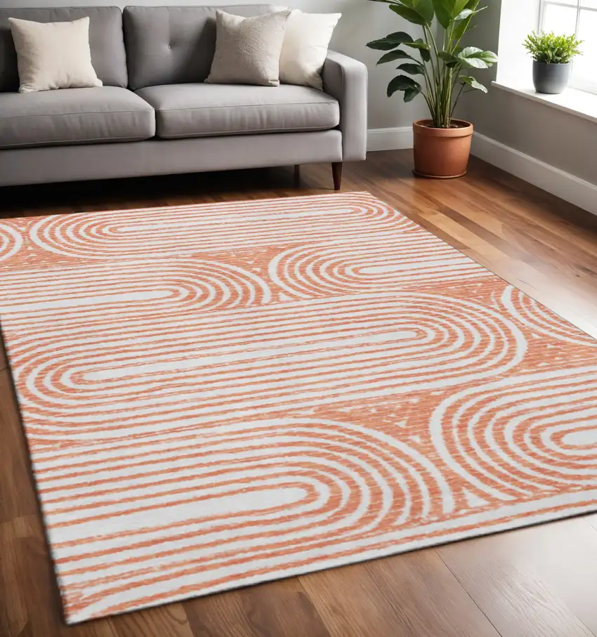Salmon And Ivory Geometric Washable Area Rug With UV Protection Photo 2