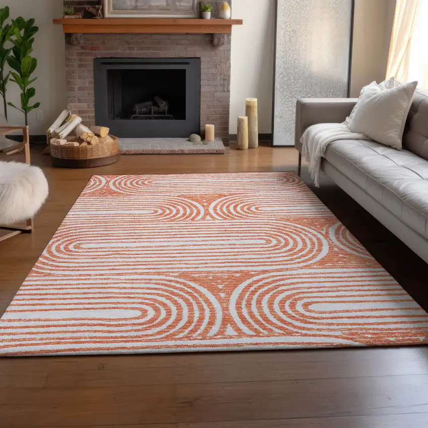 Salmon And Ivory Geometric Washable Area Rug With UV Protection Photo 6