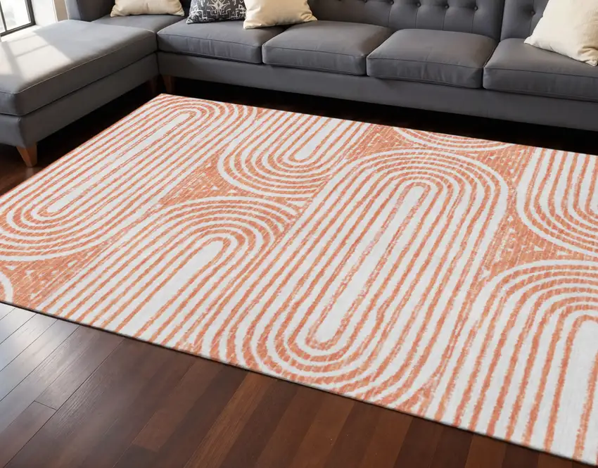 Salmon And Ivory Geometric Washable Area Rug With UV Protection Photo 2