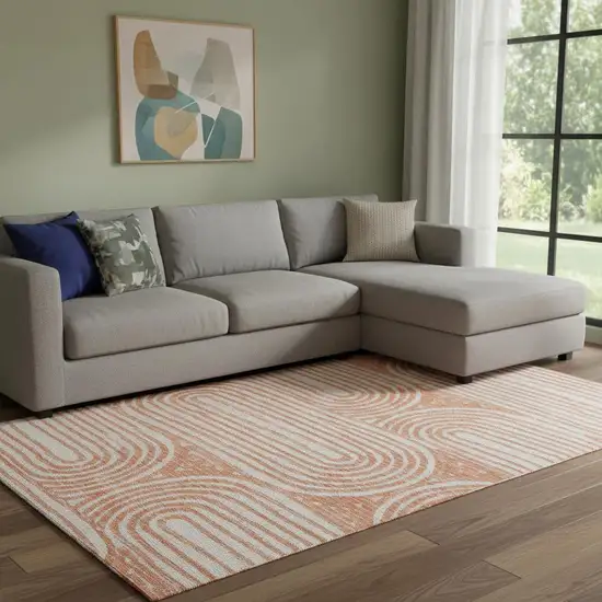 Salmon And Ivory Geometric Washable Area Rug With UV Protection Photo 1