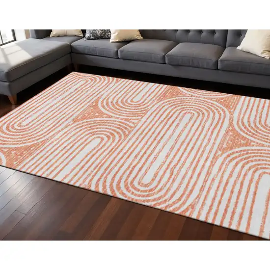 Salmon And Ivory Geometric Washable Area Rug With UV Protection Photo 2