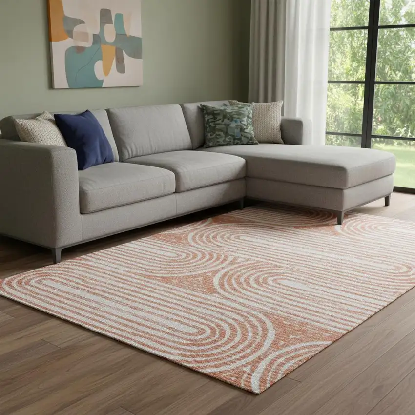 Salmon And Ivory Geometric Washable Area Rug With UV Protection Photo 1