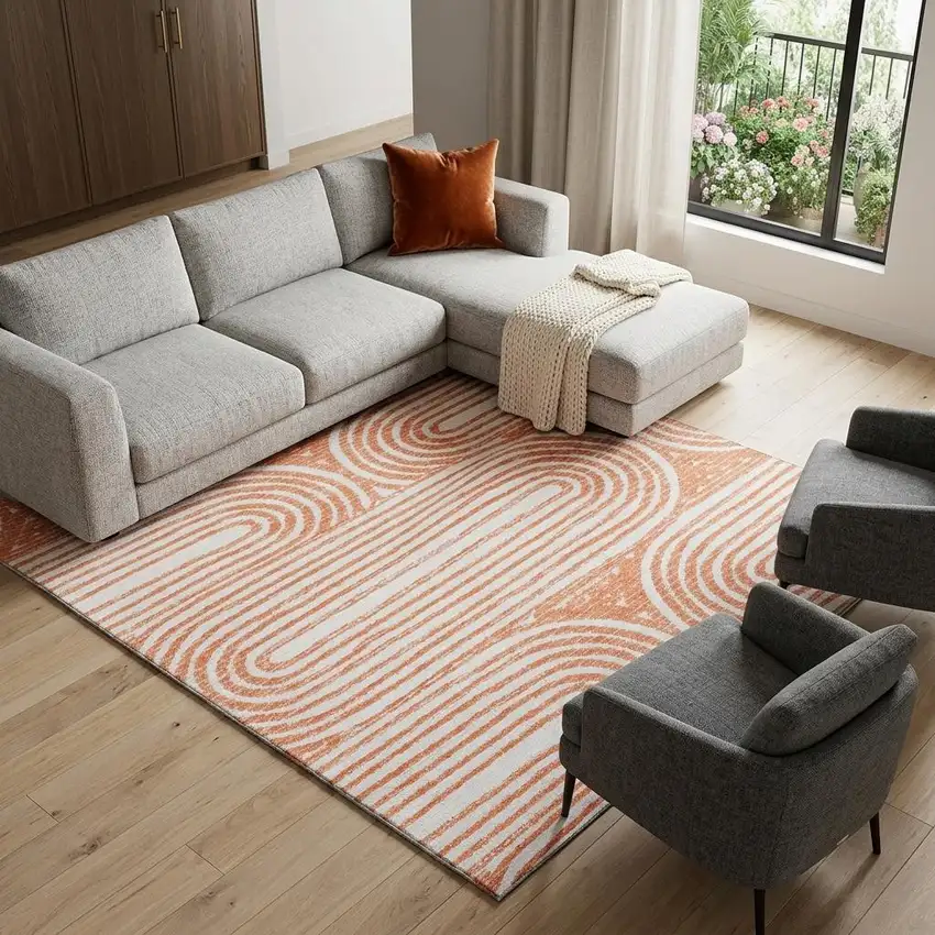 Salmon And Ivory Geometric Washable Area Rug With UV Protection Photo 1