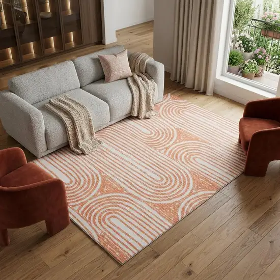 Salmon And Ivory Geometric Washable Area Rug With UV Protection Photo 1