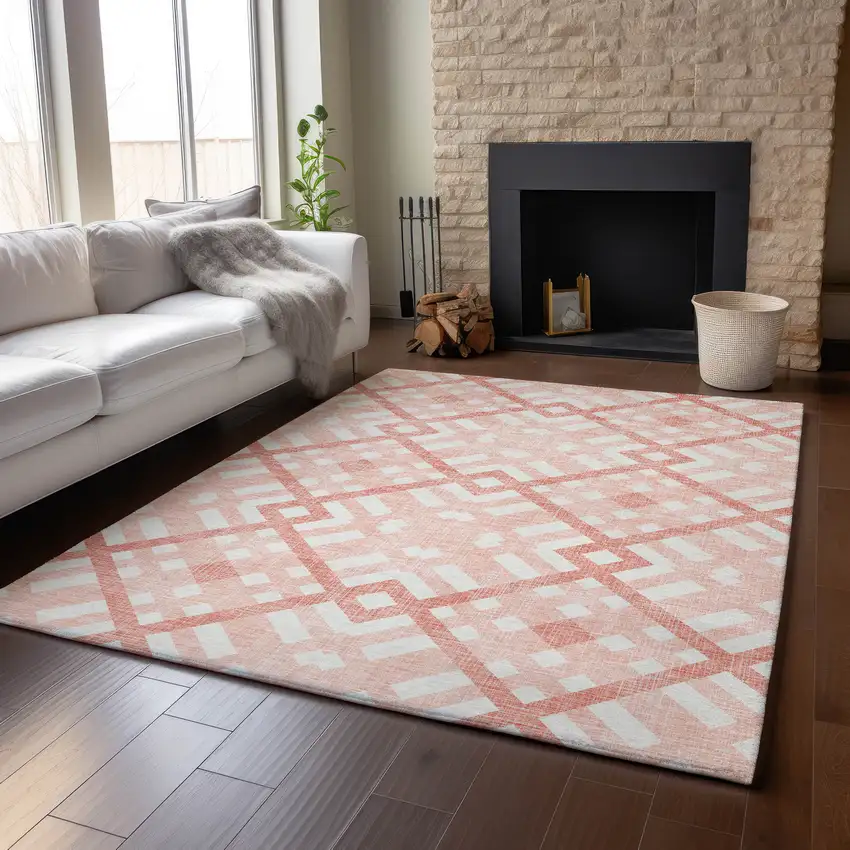 Salmon And Ivory Geometric Washable Area Rug With UV Protection Photo 5