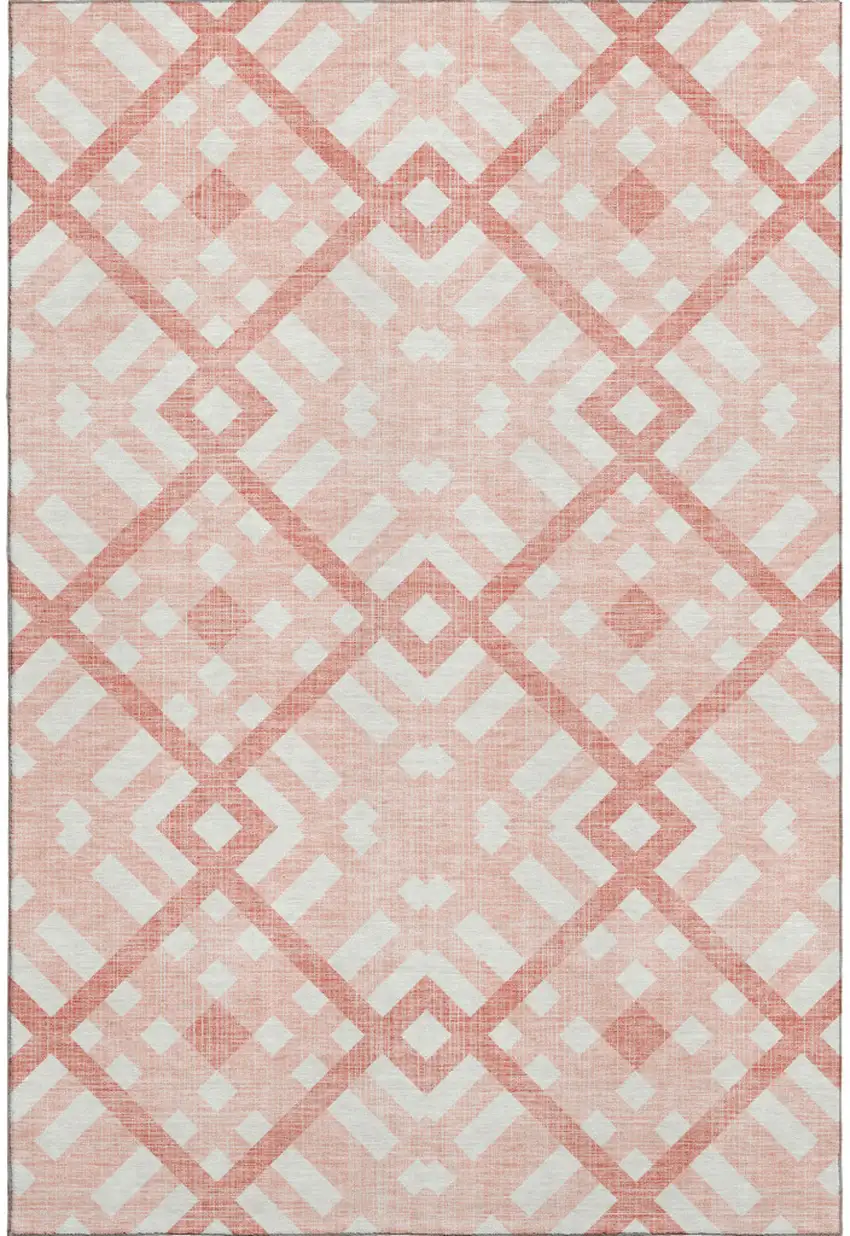 Salmon And Ivory Geometric Washable Area Rug With UV Protection Photo 1