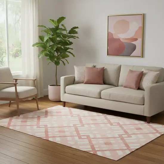 Salmon And Ivory Geometric Washable Area Rug With UV Protection Photo 1