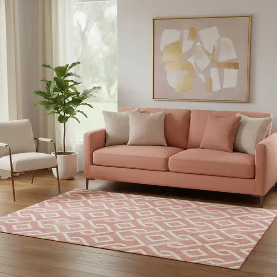 Salmon And Ivory Geometric Washable Area Rug With UV Protection Photo 1