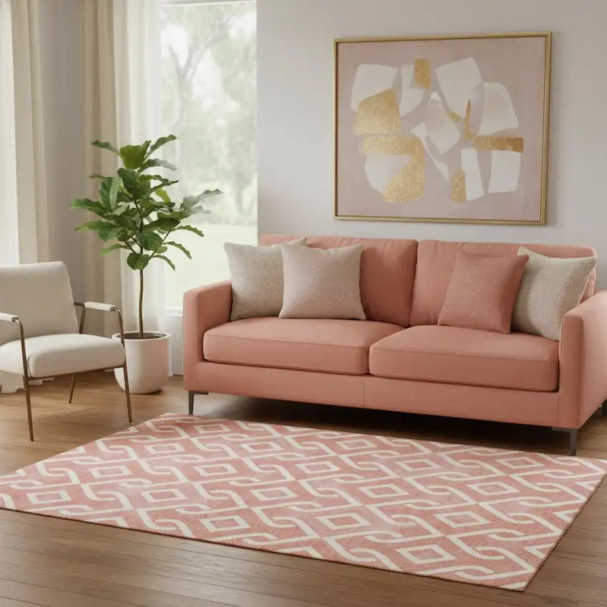 Salmon And Ivory Geometric Washable Area Rug With UV Protection Photo 1