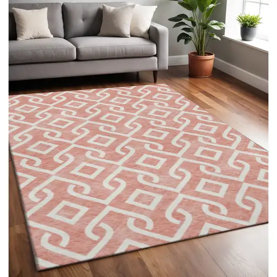 Salmon And Ivory Geometric Washable Area Rug With UV Protection Photo 2