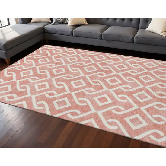 Salmon And Ivory Geometric Washable Area Rug With UV Protection Photo 2