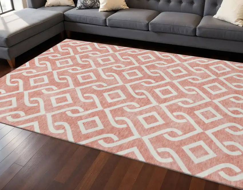 Salmon And Ivory Geometric Washable Area Rug With UV Protection Photo 2