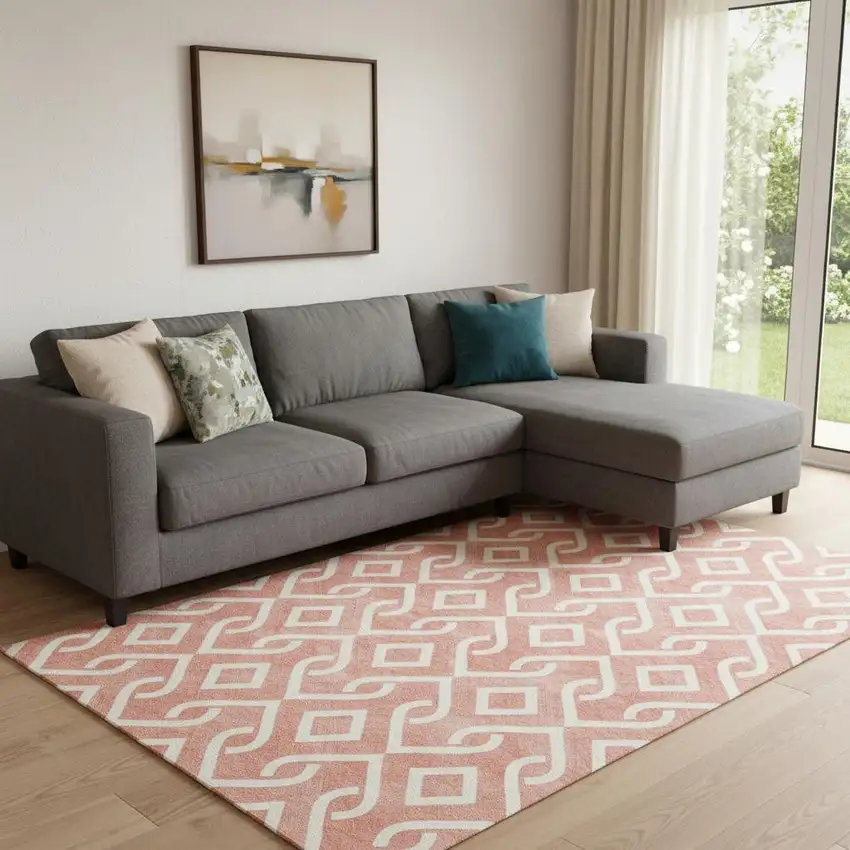 Salmon And Ivory Geometric Washable Area Rug With UV Protection Photo 1