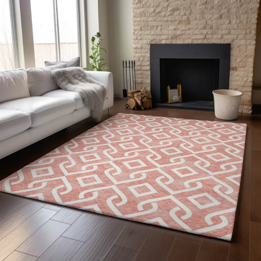 Salmon And Ivory Geometric Washable Area Rug With UV Protection Photo 5