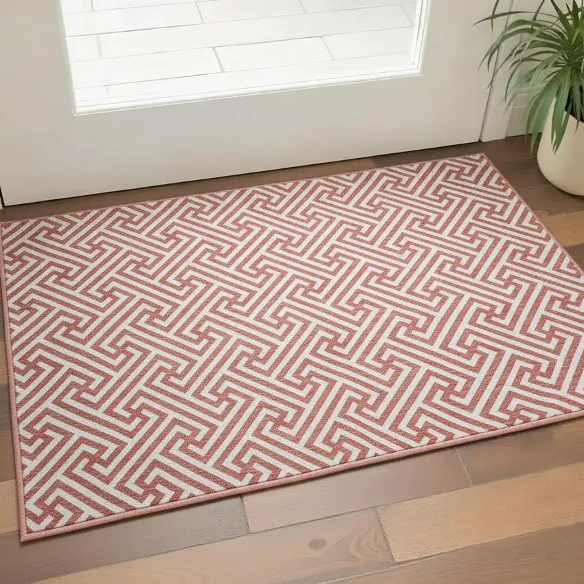 Salmon And Ivory Geometric Washable Area Rug With UV Protection Photo 2
