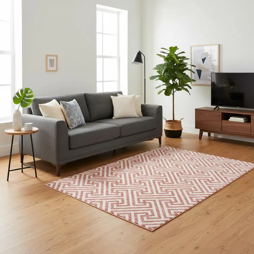 Salmon And Ivory Geometric Washable Area Rug With UV Protection Photo 2