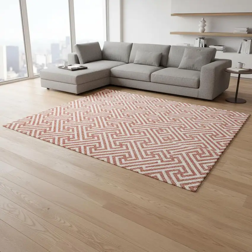 Salmon And Ivory Geometric Washable Area Rug With UV Protection Photo 2