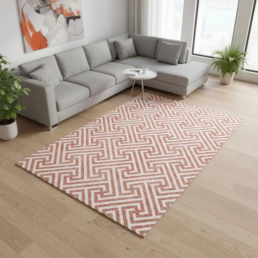 Salmon And Ivory Geometric Washable Area Rug With UV Protection Photo 2