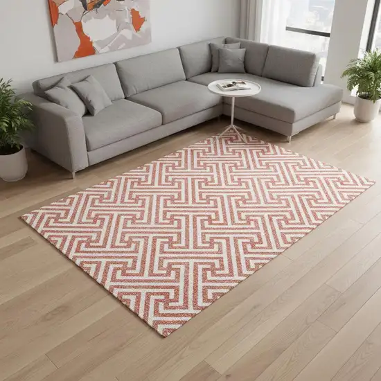 Salmon And Ivory Geometric Washable Area Rug With UV Protection Photo 2