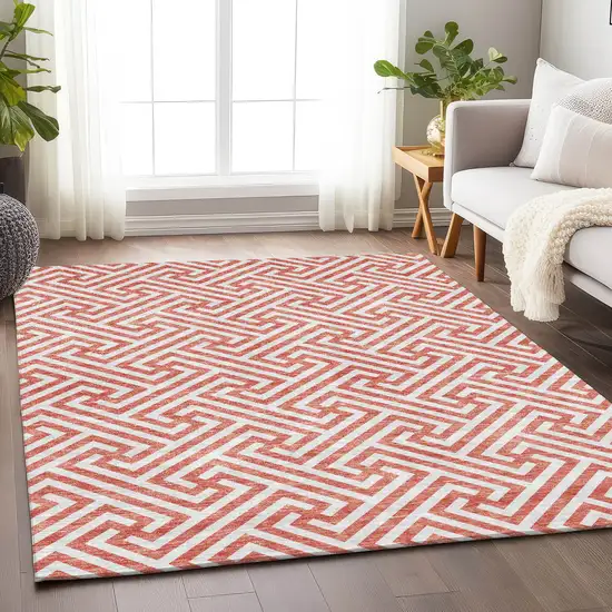 Salmon And Ivory Geometric Washable Area Rug With UV Protection Photo 5