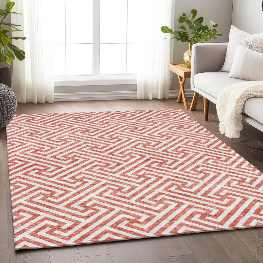 Salmon And Ivory Geometric Washable Area Rug With UV Protection Photo 5