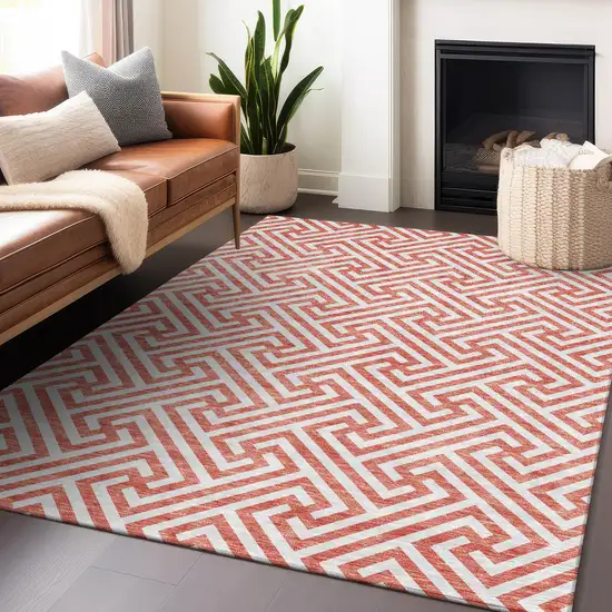 Salmon And Ivory Geometric Washable Area Rug With UV Protection Photo 6