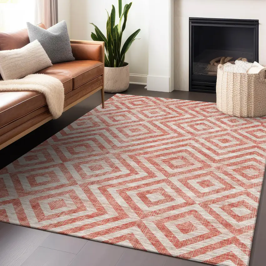 Salmon And Ivory Geometric Washable Area Rug With UV Protection Photo 5