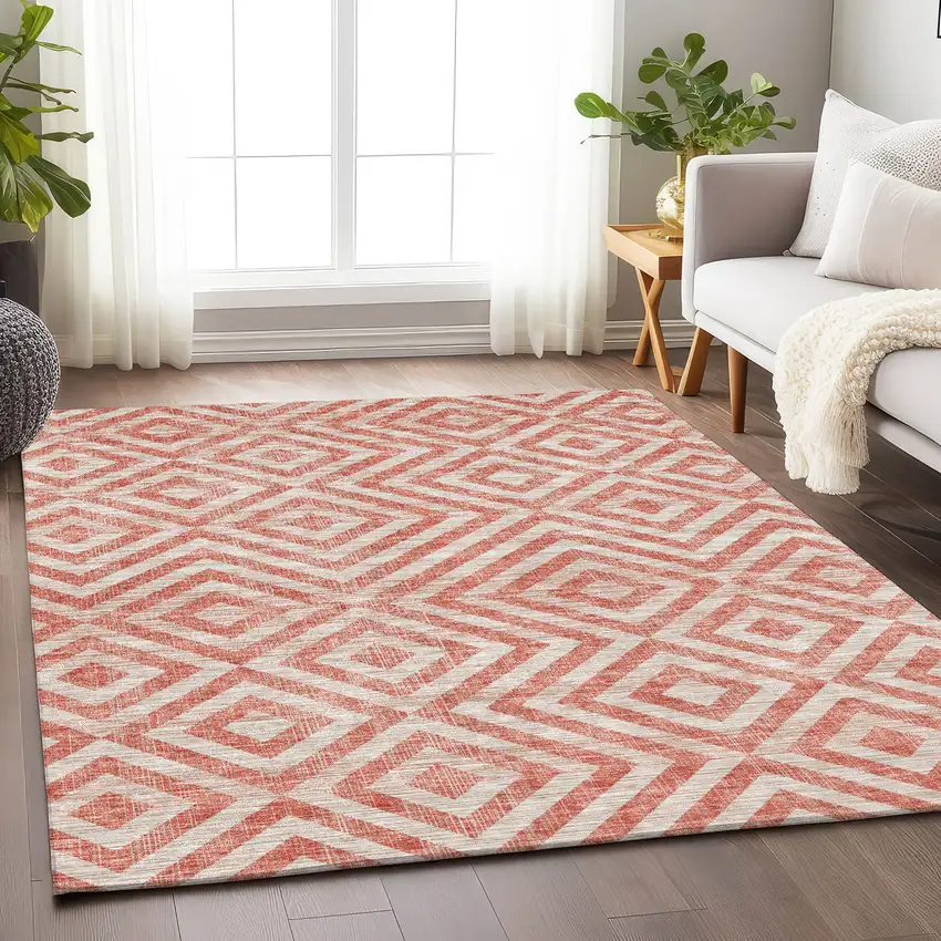 Salmon And Ivory Geometric Washable Area Rug With UV Protection Photo 5