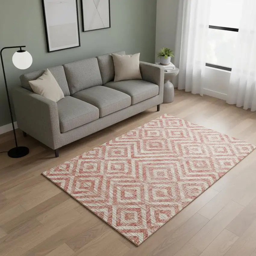 Salmon And Ivory Geometric Washable Area Rug With UV Protection Photo 2
