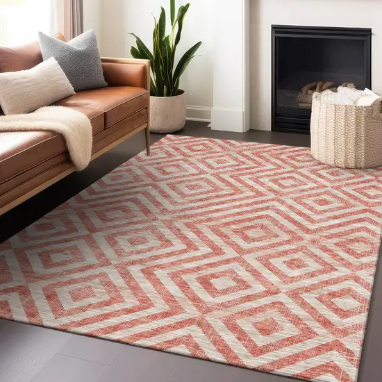 Salmon And Ivory Geometric Washable Area Rug With UV Protection Photo 6