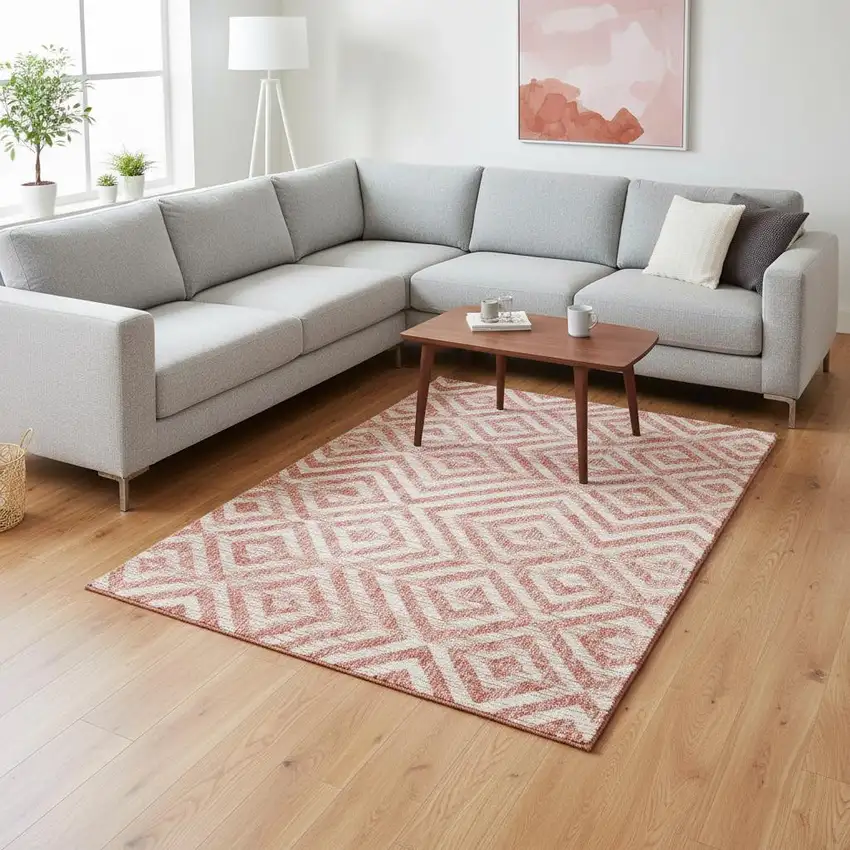 Salmon And Ivory Geometric Washable Area Rug With UV Protection Photo 2