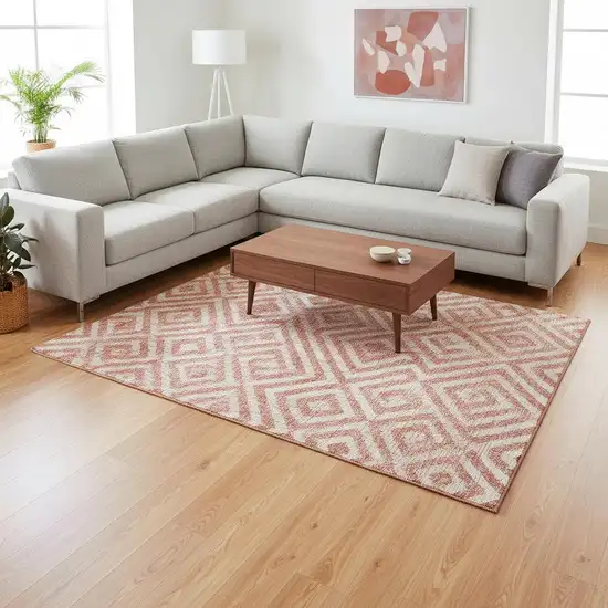 Salmon And Ivory Geometric Washable Area Rug With UV Protection Photo 2