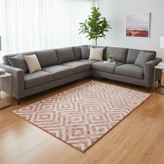 Salmon And Ivory Geometric Washable Area Rug With UV Protection Photo 2