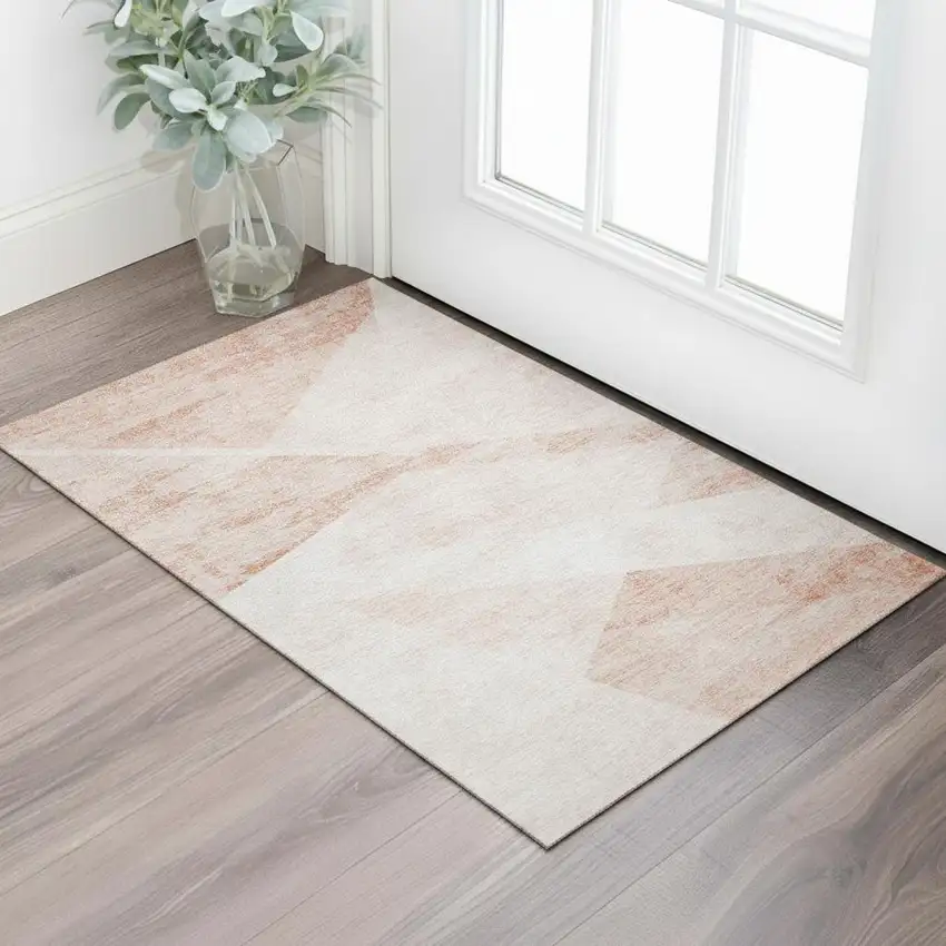 Salmon And Ivory Geometric Washable Area Rug With UV Protection Photo 1