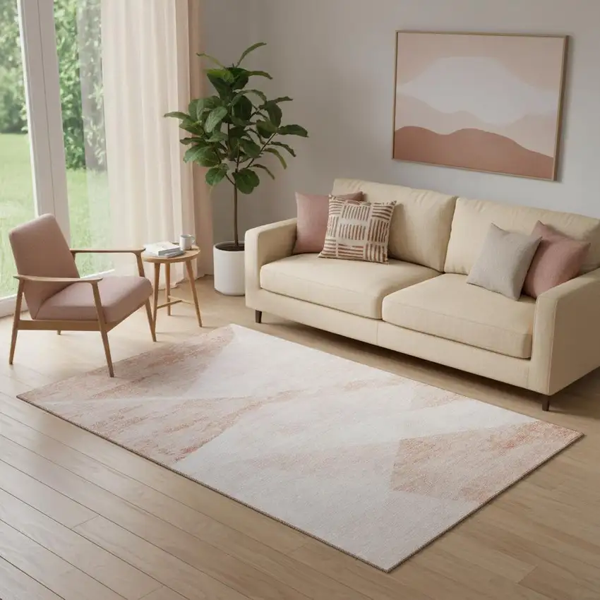 Salmon And Ivory Geometric Washable Area Rug With UV Protection Photo 1